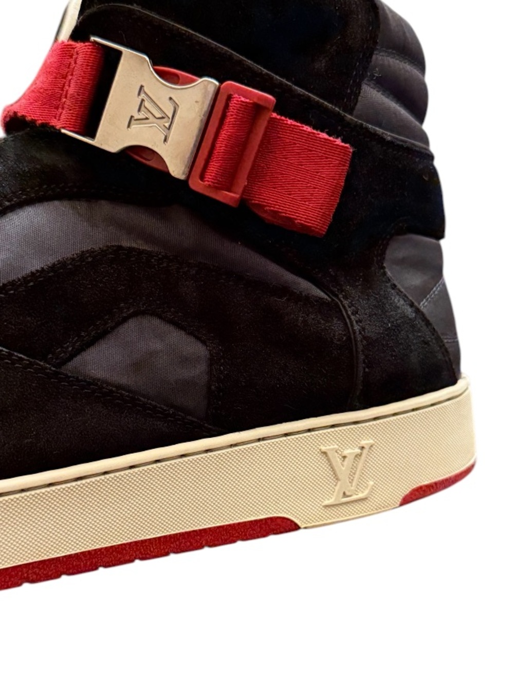 LOUIS VUITTON - BLACK RED GRAY WHITE NYLON SUEDE “SLIPSTREAM” HIGH TOP SNEAKERS - Picture 12 of 15